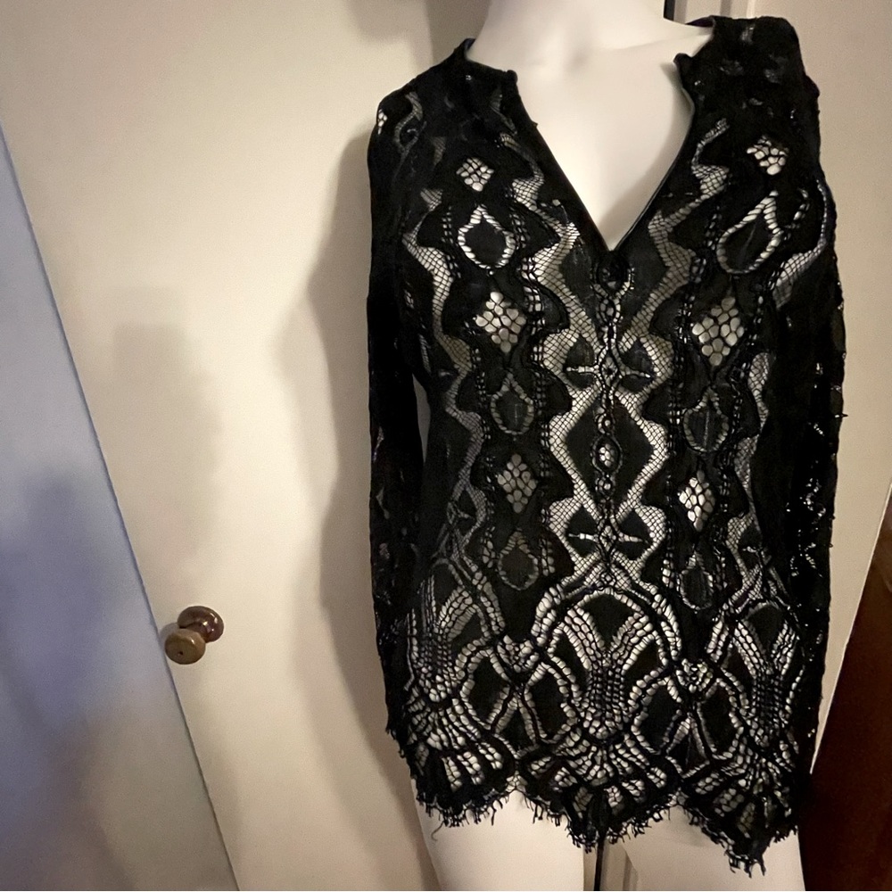 Elie Tahari Black Lace Split Neck Tunic Top